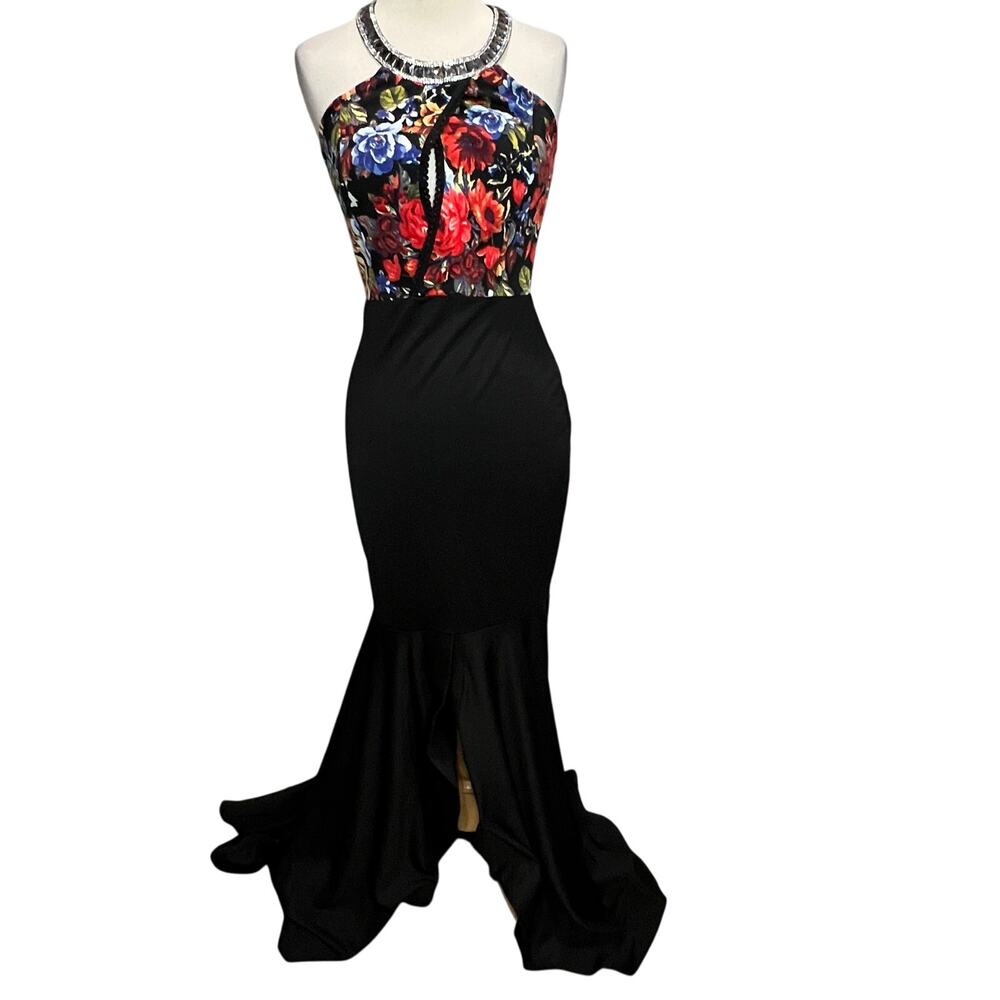 A'gaci Maxi Dress Womens M Black Floral Fitted Mermaid Ruffle Hem Blogger Fave